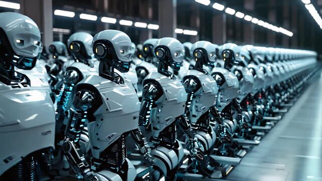 Army of Robots: A mesmerizing and thought-provoking image of an army of robots standing in formation, their sleek, white bodies gleaming under the bright lights of a futuristic factory. The robots' bl