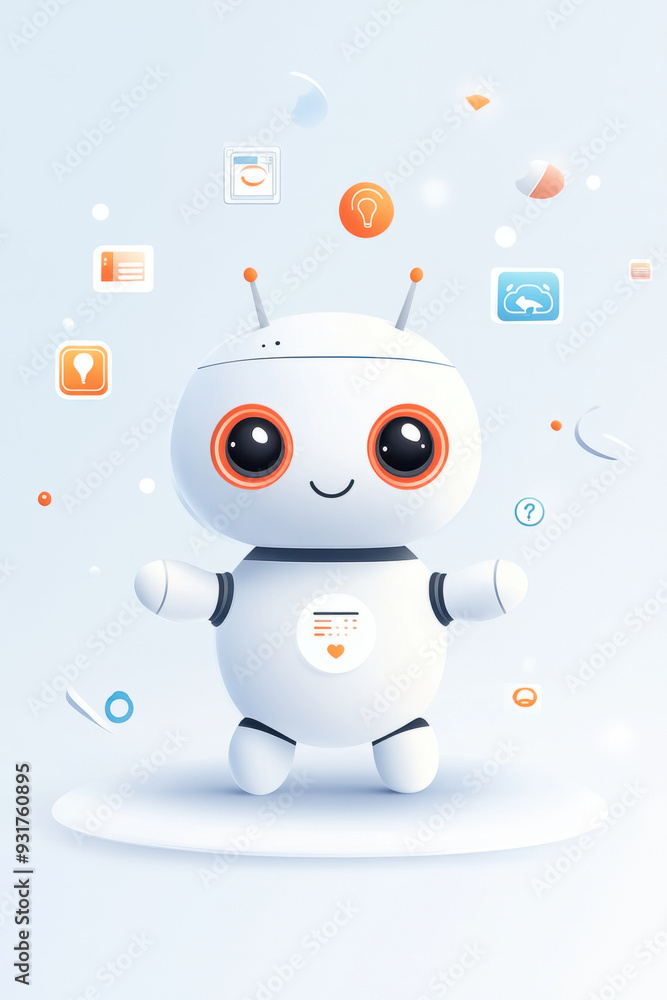 Aufkleber chat bot icon, an engaging 2d depiction of an ai chatbot character with large expressive eyes, situa