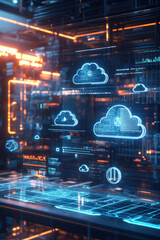 Obraz premium Cloud API integration, A bright holographic interface detailing cloud integration using API technology inside a futuristic workspace. The scene features floating graphs, cloud