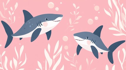 Adorable sharks with tiny fins swimming on a pastel pink background with seaweed