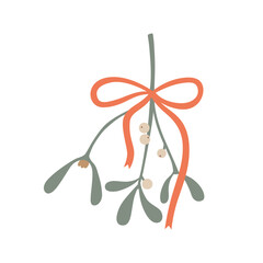 Hand drawn cute cartoon illustration of hanging mistletoe with red bow.