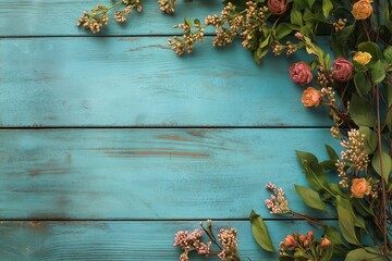 A lovely arrangement of colorful flowers and greenery beautifully laid out on a cyan-painted wooden surface, showcasing nature's beauty.