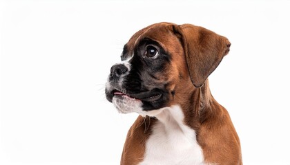 笑顔のボクサーの子犬のポートレート（Portrait of a smiling Boxer puppy on white background）
