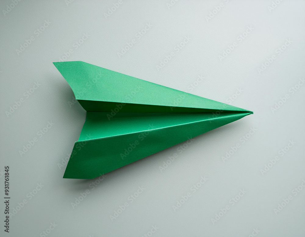 Poster a top view of a verdant paper aircraft on a light backdrop with an area for text.