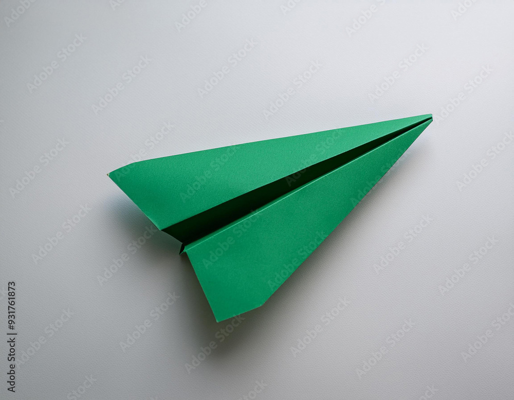 Poster a top view of a verdant paper aircraft on a light backdrop with an area for text.