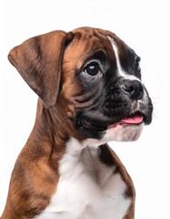 笑顔のボクサーの子犬のポートレート（Portrait of a smiling Boxer puppy on white background）
