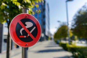 A clear no smoking sign is posted on a pole beside a bustling city sidewalk filled with trees and buildings. Generative AI
