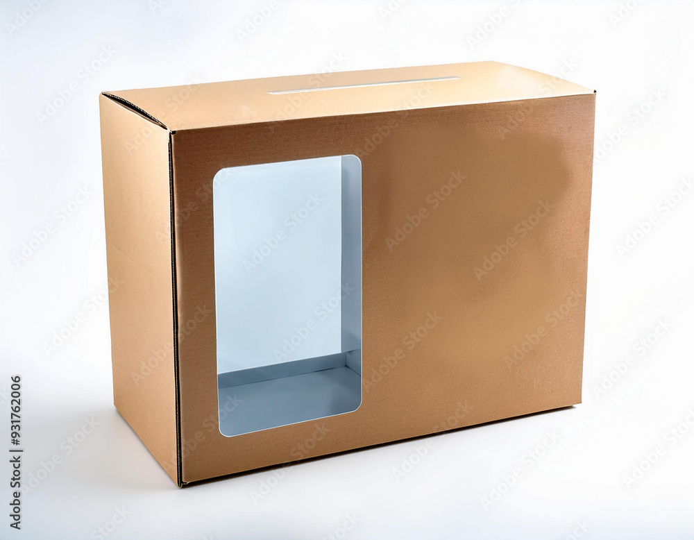 Poster a transparent window on a realistic cardboard box with a front view, perfect for showcasing your des