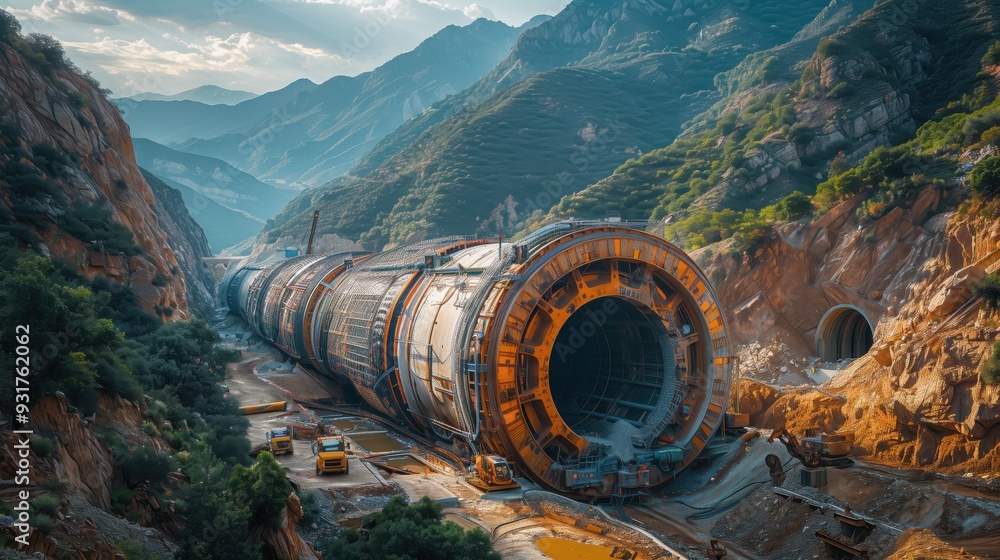 Poster massive tunnel boring machine in mountainous terrain. massive tunnel boring machine is seen at work 