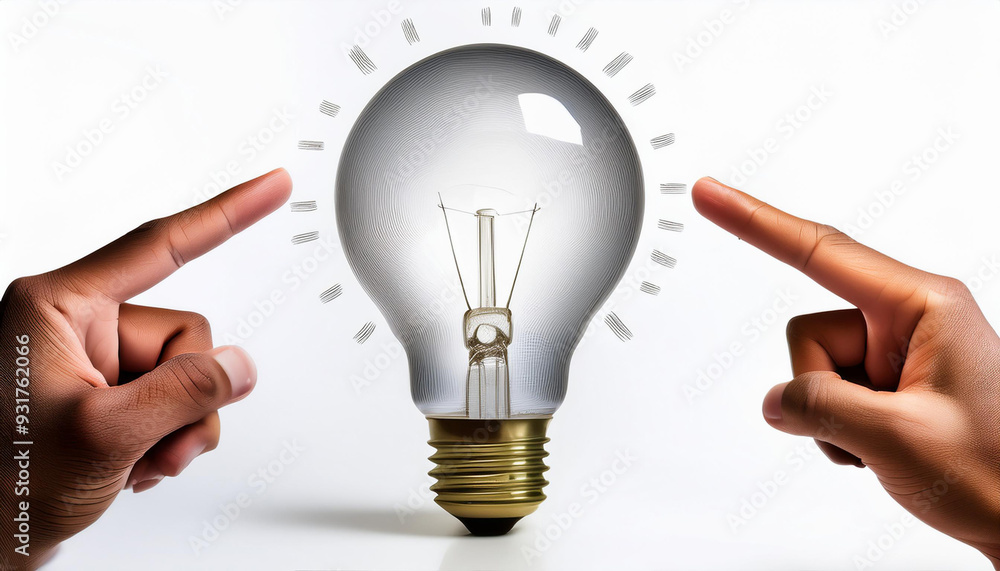 Poster a unique photo composition of a large lightbulb and human hands pointing towards a solution and prov