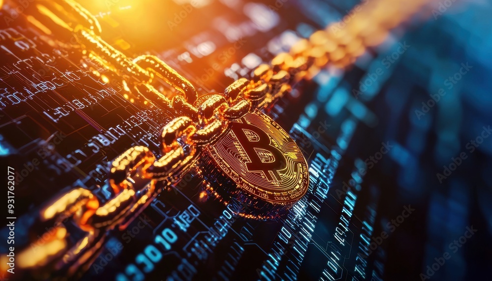 Poster a visual representation of cryptocurrency security, featuring a bitcoin symbol on a chain against a 