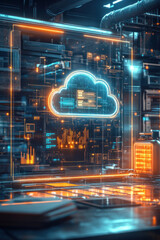 Obraz premium Cloud file integration, A high-tech hologram illustrating file integration in a cloud network, with luminous data connections and graphical representations, in a futuristic office