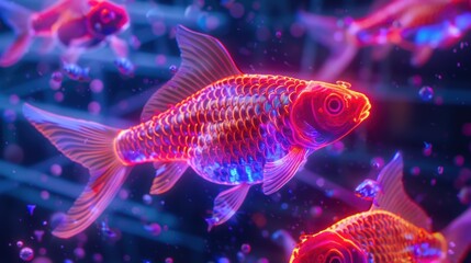 Fototapeta premium Neon Fish: A school of vibrant goldfish swim through a surreal, neon-lit underwater world. Their scales shimmer with iridescent hues, creating a mesmerizing spectacle of color and movement. 