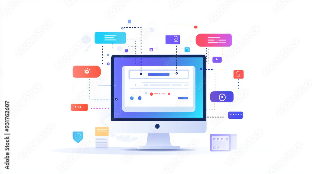 Poster chat bot icon, a vibrant 2d illustration showcasing a modern ai chatbot that resembles a computer mo
