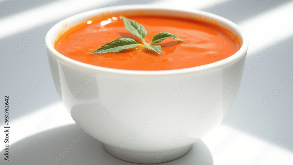 Canvas Prints Close-up of a bowl of orange soup with a basil leaf garnish