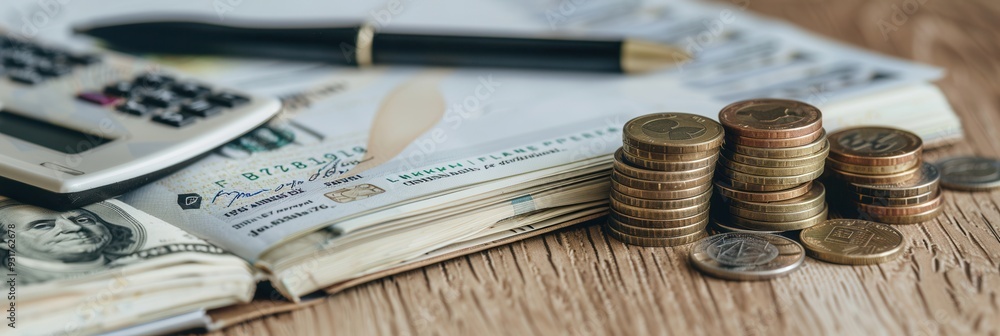 Leinwandbilder a stack of cash and coins sits beside an open notebook with detailed calculations, highlighting fina