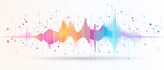 Fototapeta premium AI Voice Icon, A vibrant, 2D illustration of an AI-generated voice displayed as colorful sound waves, showcasing a flat minimal style. The abstract sound waves radiate on a crisp