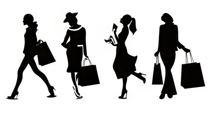 Obraz premium Stylish women silhouettes enjoying a shopping spree with elegant outfits.