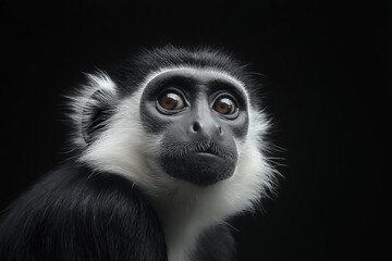 Obraz premium Photo of a Black & White Colobus monkey isolated against a black background, emphasising the Black & White Colobus monkey's majestic features. Wildlife and conservation concept, space for copy.