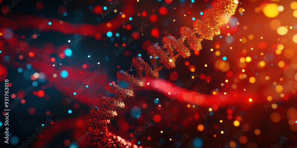 Poster abstract representation of dna strands with vibrant colors and glowing particles, showcasing the bea