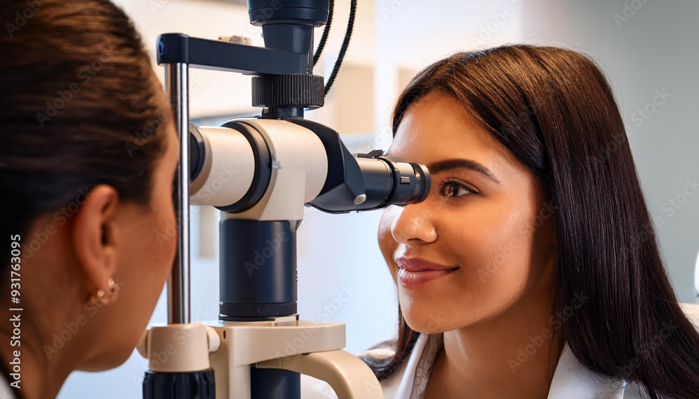 Wall mural a young female eye specialist examining a patient_s retina.