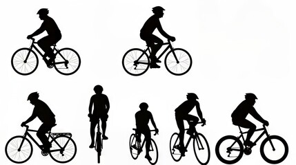 Silhouettes of cyclists in various poses and actions against a light background.