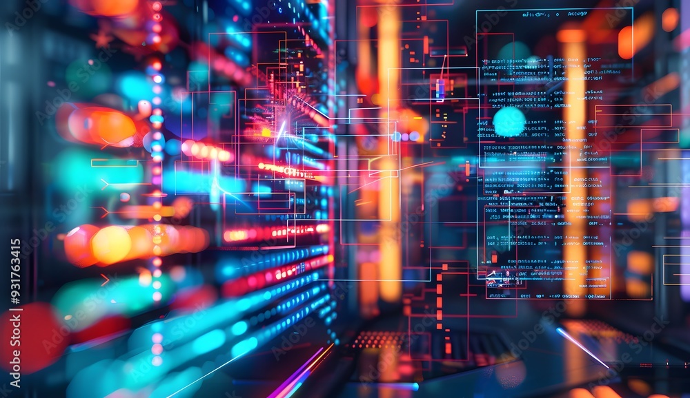 Poster a digital illustration of an abstract data center with glowing symbols representing various types of