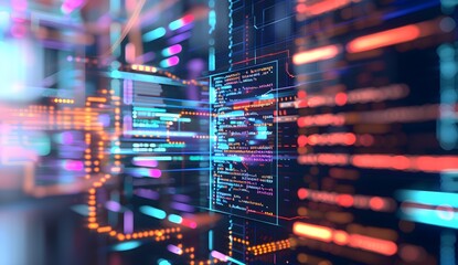 A digital illustration of an abstract data center with glowing symbols representing various types of blockchain logos, surrounded by holographic code and futuristic tech elements. The background is da