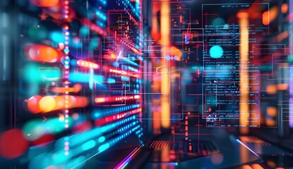 A digital illustration of an abstract data center with glowing symbols representing various types of blockchain logos, surrounded by holographic code and futuristic tech elements. The background is da