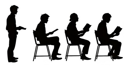 Silhouette of a young man reading in various seated positions.