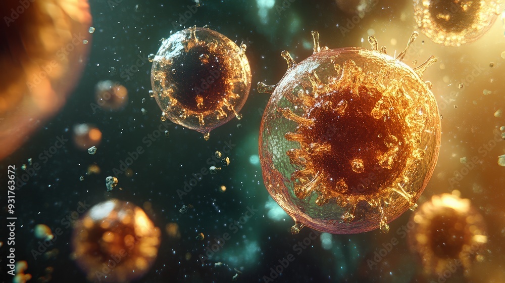 Poster a cell is undergoing apoptosis, showcasing its intricate structure and changes amidst a colorful bac