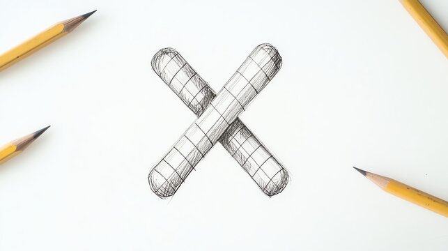 Three yellow pencils lie on a white sheet of paper. One pencil has drawn an "X" made of two parallel lines.