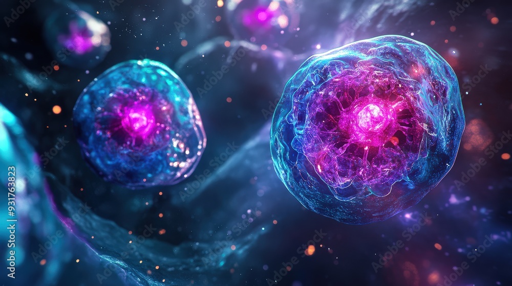 Poster this view showcases a cell in the process of apoptosis, featuring dynamic colors and intricate detai