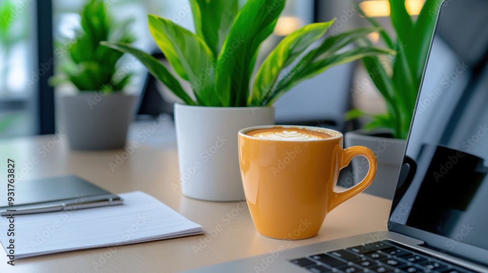 Poster a laptop computer with a cup of coffee on it next to an open notebook, ai