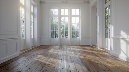 Living room with white walls overlooking many windows and doors wooden floors : Generative AI