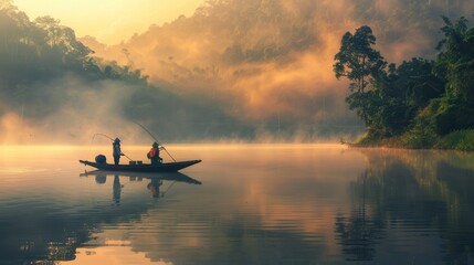 Two fishermen are quietly fishing from their boat on a serene lake as the morning mist rises amidst the surrounding mountains. Generative AI