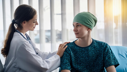 Adolescent cancer patient receiving care and counseling from oncologist for emotional well-being.