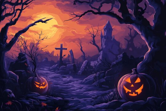 Halloween vector art illustration with dry trees and Halloween pumpkin on a graveyard