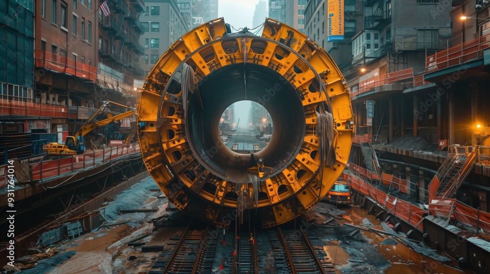 Poster urban tunnel construction site featuring a large tunnel boring machine in the heart of a city, illus