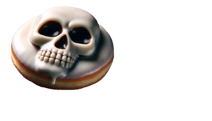White frosting donut with a skull design on top. Image with transparent background and space for text, ideal for Halloween and holiday themes