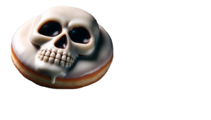 White frosting donut with a skull design on top. Image with transparent background and space for text, ideal for Halloween and holiday themes