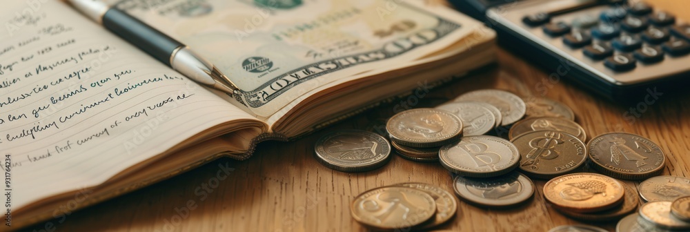 Aufkleber A stack of cash and coins lies beside an open notebook filled with detailed financial calculations and notes on a wooden surface. Generative AI