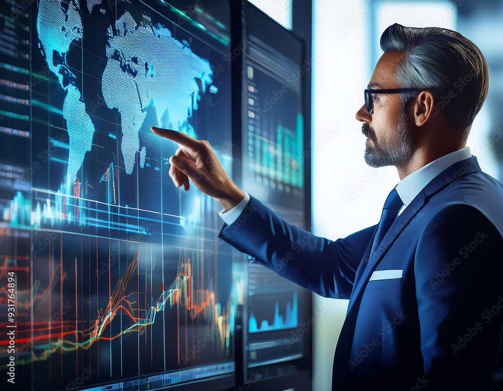 Poster an entrepreneur is tapping a financial data graphic on a touchscreen display.