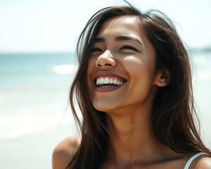 Beautiful woman laughing with white teeth on beach