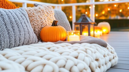 A blanket with a pumpkin and candle on it sitting outside, AI