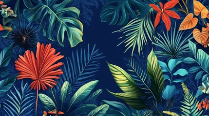 Tropical plants with intricate abstract patterns on a deep blue background