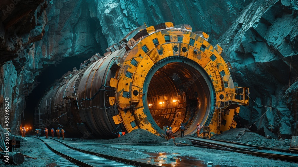 Poster tunnel boring machine operates deep inside a mountain cave, illuminated by work lights, highlighting