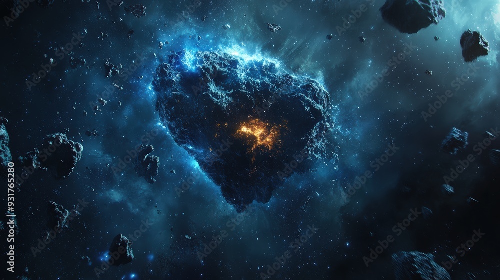 Poster a vibrant celestial display showcases dark matter surrounded by asteroids, illuminating the vastness