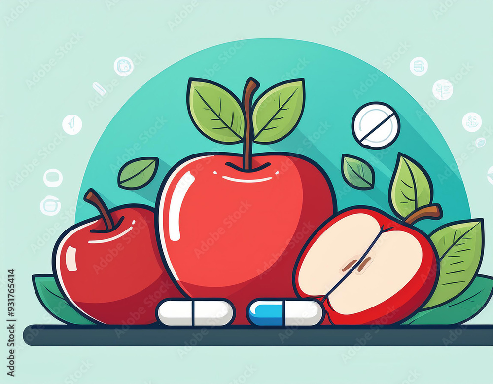 Poster apples and supplements choosing healthy pathways with flat design