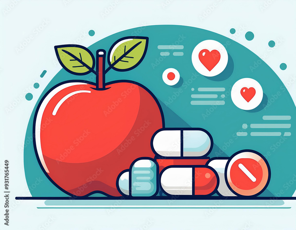 Poster apples and supplements choosing healthy pathways with flat design